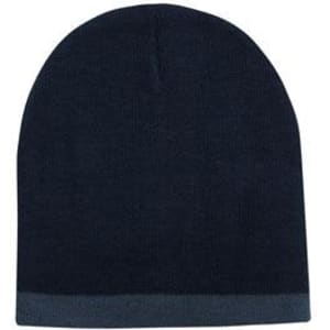 A two-tone acrylic beanie in navy blue with a contrasting rolled cuff. It features a logo on the design.