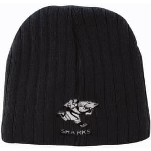 A black cable knit beanie featuring a logo of a shark.