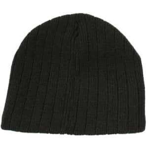 A black cable knit beanie with ribbed texture and a simple design. It features a logo on the side.