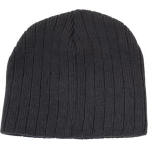 A dark grey cable knit beanie with a ribbed texture, featuring a logo.