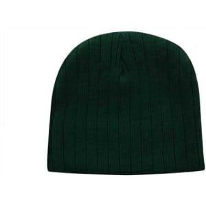 A green cable knit beanie with a ribbed texture and a small logo.