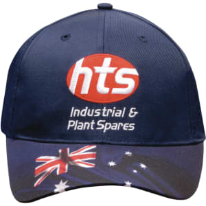 A navy blue cap featuring a logo and an Australian flag design on the front.