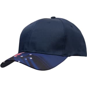 A navy cap with a vibrant printed brim featuring a design and a logo. Suitable for casual wear.