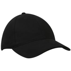 A black premium brushed heavy cotton cap with a curved peak and a logo on the front.