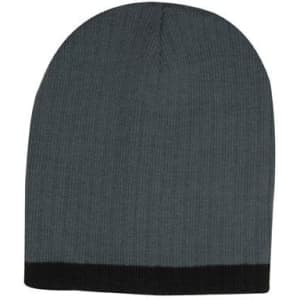 A two-tone cable knit beanie in shades of grey with a contrasting black band at the bottom.