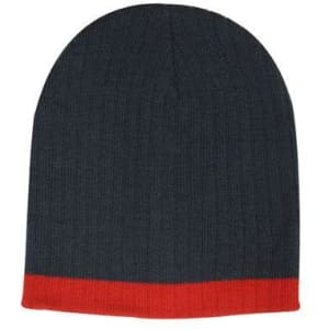 A two-tone beanie featuring a dark grey body with a contrasting red brim and a logo on the side.
