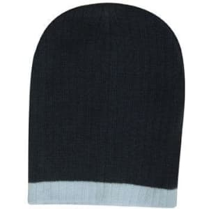 A two-tone cable knit beanie in dark grey with a light grey band at the bottom. Features a logo.