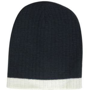 A cable-knit beanie in navy blue with a contrasting white brim, featuring a logo on the side.