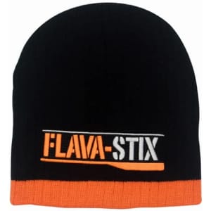 A black and orange two-tone cable knit beanie featuring a logo.