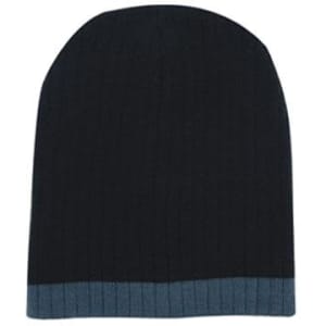 A two-tone cable knit beanie in black and grey with a ribbed design and logo.
