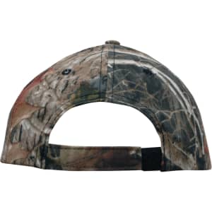 A camouflage cap featuring a mix of browns and greens, with an adjustable back strap and a logo.