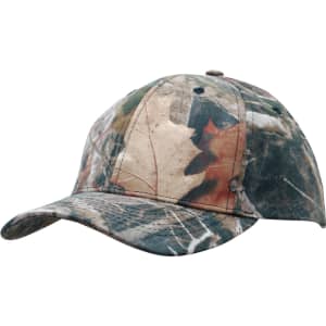 A camouflage six-panel cap featuring a mix of green, brown, and earthy tones; includes a logo.