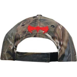 A camo 6-panel cap featuring a vibrant red logo on the back. The design includes shades of green and brown.