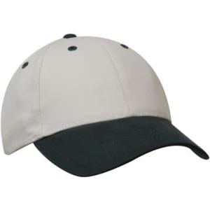 A cap featuring a cream top and a dark green peak, with a logo present on the front.