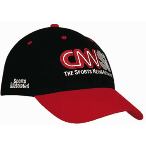 A black and red cap featuring a logo with text. The cap has a curved brim and adjustable strap.