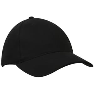 A black brushed heavy cotton cap with a curved brim, featuring a logo on the front.