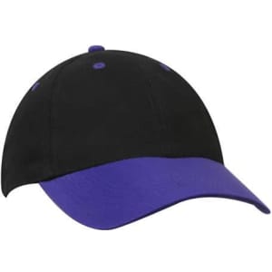 A black cap with a purple curved peak and stitching, featuring a logo on the front.