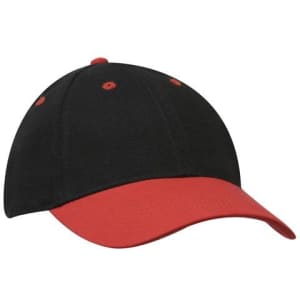 A black and red cap featuring a curved brim and a logo on the front.