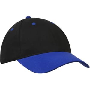 A cap featuring a black crown and a blue peak, with a logo on the front.