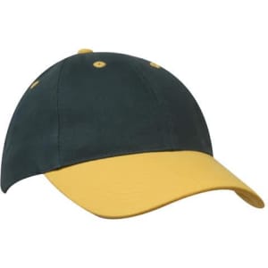 A cap featuring a dark green crown and a yellow peak, with ventilation holes and a branded logo.