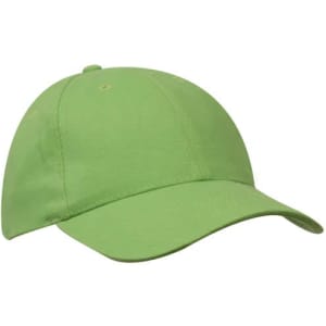 A green cap with a curved brim and a logo on the front. The fabric appears heavy and durable.