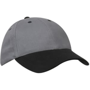 A grey and black cap featuring a curved brim and a rounded crown, with an inclination towards a casual style.