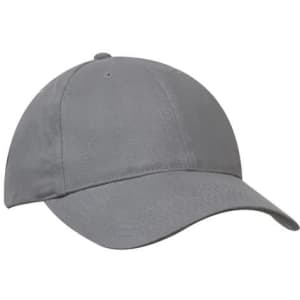 A grey cap with a curved brim and a logo on the front.