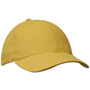 A yellow cap with a rounded peak and a button on top, featuring a logo on the front.