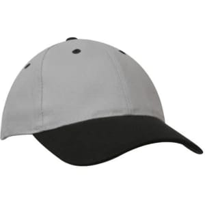 A cap featuring a grey top and black brim, with a logo on the front.