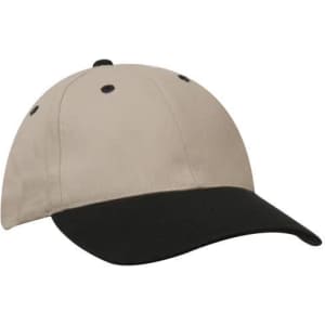 A cap with a beige crown and a black brim, featuring stitching details and a logo.