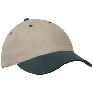 A cap featuring a beige crown and a dark green peak, with a logo on the front.