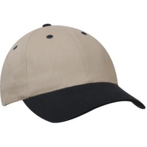 A beige cap with a navy blue peak and buttons, featuring a logo on the front.