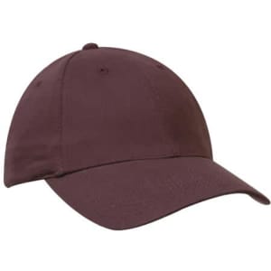 A burgundy baseball cap with a rounded crown and a curved peak, featuring a logo.