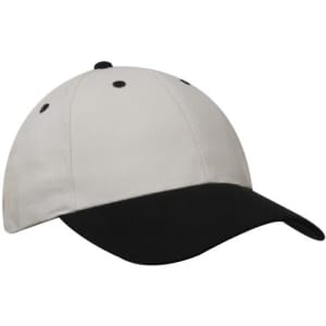 A cap featuring a white top and a black peak, with black stitching and an adjustable strap.