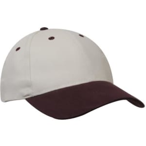 A cap in cream with a maroon peak and five ventilation holes, featuring a logo on the front.