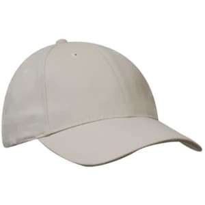 A beige baseball cap with a structured crown and a curved peak, featuring a logo.