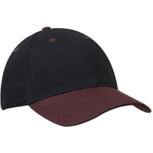A cap featuring a black crown and a burgundy peak, with a simple logo on the front.