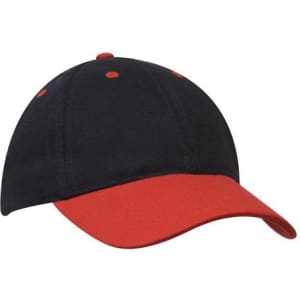 A cap featuring a black crown and a red brim, with stitching details and a logo present on the front.