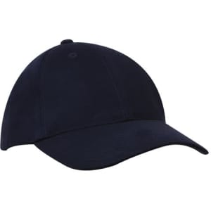 A navy blue cap with a curved brim and a closed back, featuring a small logo on the side.
