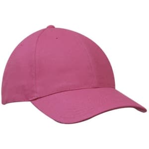 A pink cap with a curved peak and an adjustable strap at the back, featuring a logo.