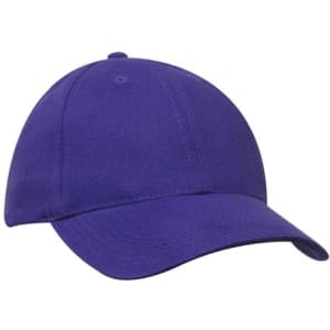 A purple cap featuring a smooth fabric finish and a curved brim, also displaying a logo.