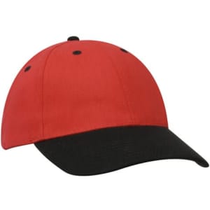 A baseball cap featuring a red crown and a black peak, with a logo on the front.