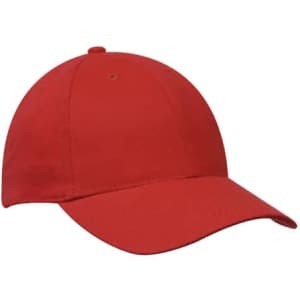 A red cap with a curved brim and an adjustable strap at the back, featuring a logo.
