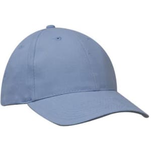 A blue brushed heavy cotton baseball cap with a rounded crown and a curved brim. It features a logo on the front.