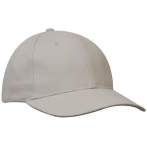 A beige cap with a rounded crown and a curved brim, featuring a logo on the front.