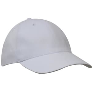 A white baseball cap with a curved brim and a branded logo on the front.