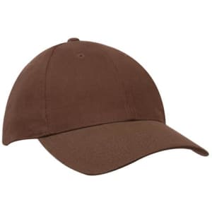 A brown baseball cap with a rounded crown and a curved brim, featuring a logo on the front.