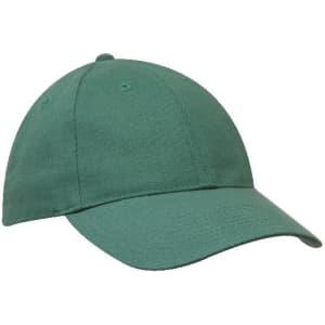 A green cap with a rounded crown and a curved brim, featuring a logo on the front.