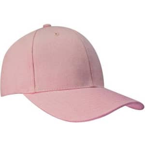A pink cap with a curved brim and an adjustable strap at the back, featuring a logo.