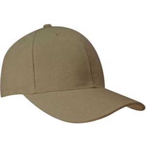 A khaki baseball cap with a curved brim and a blank front panel, featuring a logo on the side.